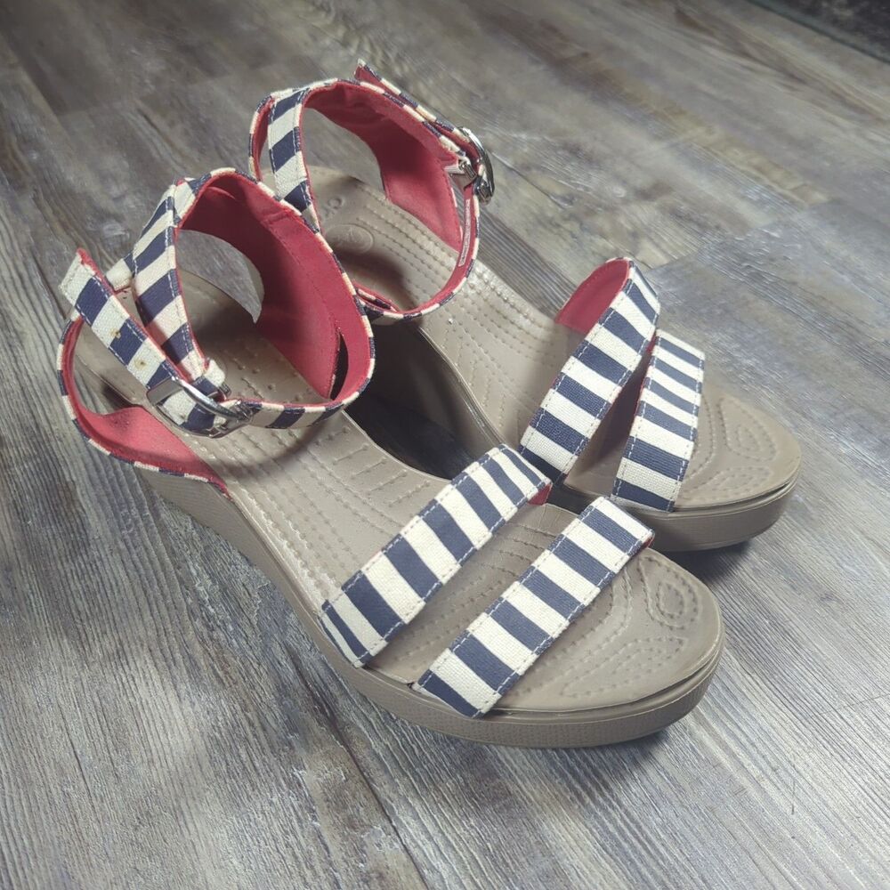 Crocs Leigh Women Nautical Ankle Strap Wedge Taupe Strappy Sandals 15313 Size 9